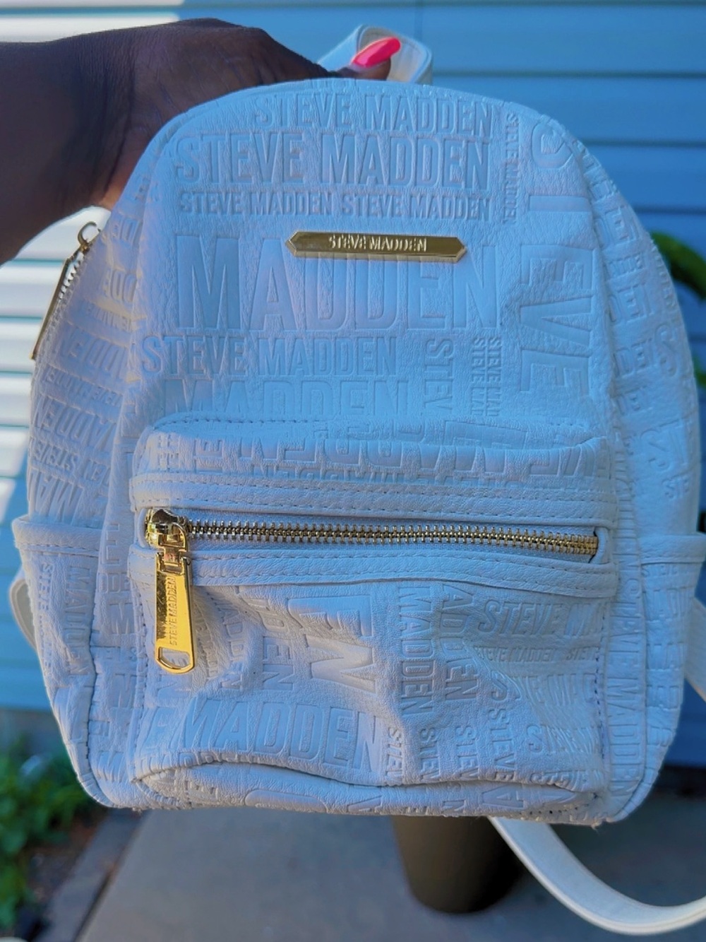 Steve Madden White Embossed Logo Mini Backpack Gold Hardware